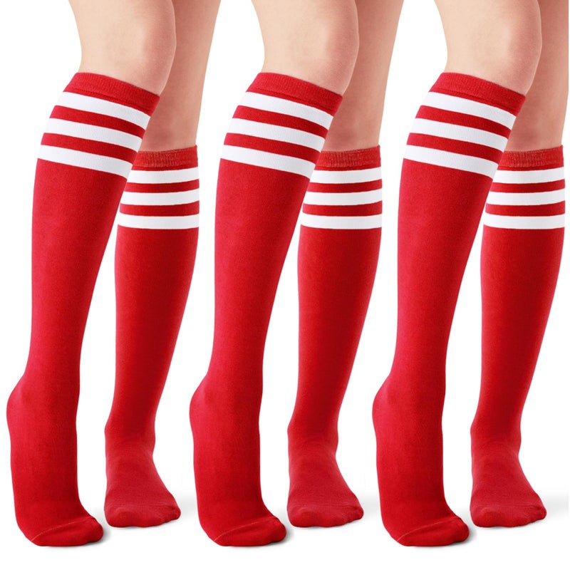 Joulli Women's Knee High Athletic Socks Stripe Tube Outdoor Sport Socks 3 Pairs, Red - Image 1